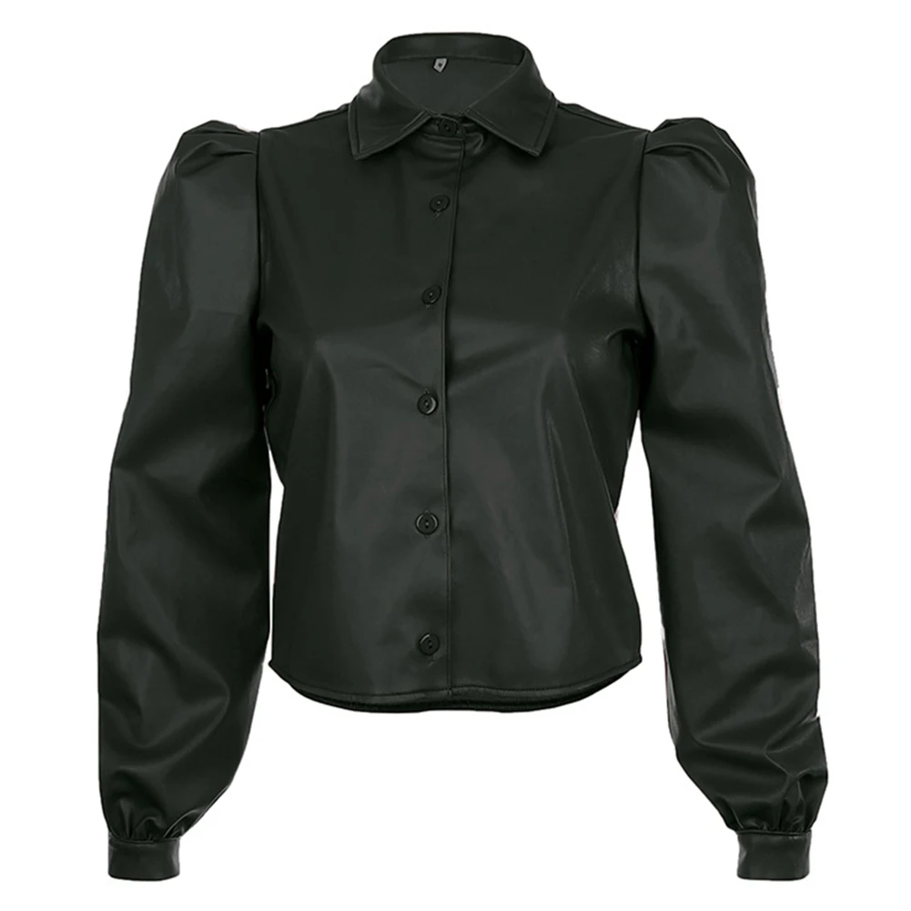 

Long Puff Sleeve Turn Down Collar Women Shirt Button Faux Leather Elegant Fashion Autumn Winter Casual Brown Blouse Tops