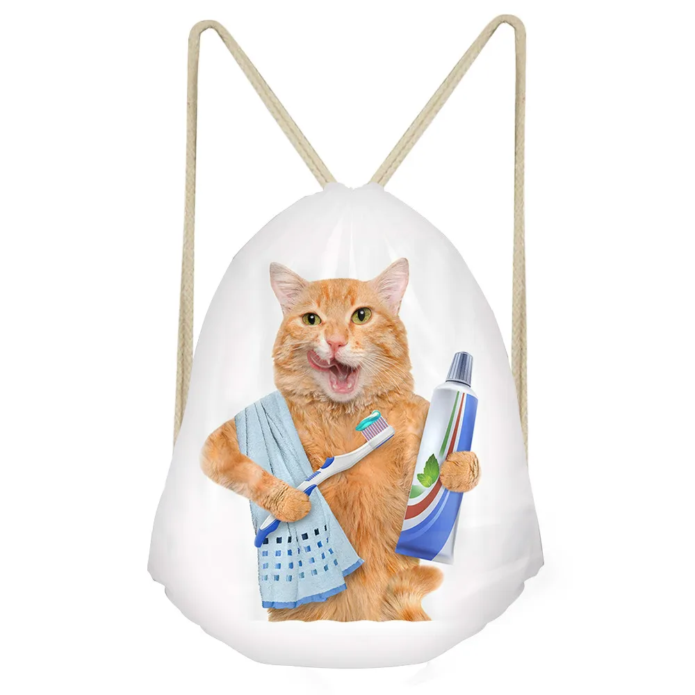 Funny Brushing/Sushi Cat/Kitten Print Woman Children Drawstrings Bags Casual Large Storage Backpacks Kids Bookbags