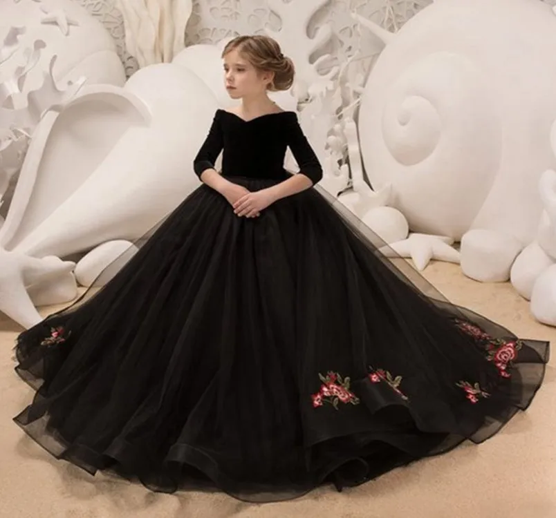 2022 New Kids Dresses Girl Elegant Long Prom Black Embroidery Tulle Gowns Children 8 Grade Graduation | Детская одежда и обувь