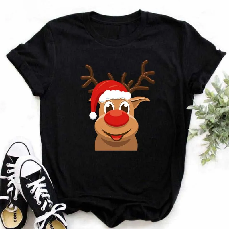 

Deer with A Red Hat Lovely Women Graphic Printed Tops Sweet Merry Christmas Female New Year Short Sleeve T Shirt Print Tops Tees