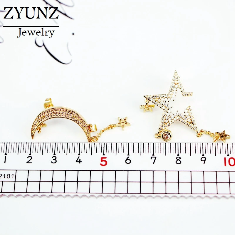 

4 Pairs, Fashion Classic Geometric Earrings Asymmetric Earrings Star Moon Female CZ Micro Pave Jewelry For Woman Gift
