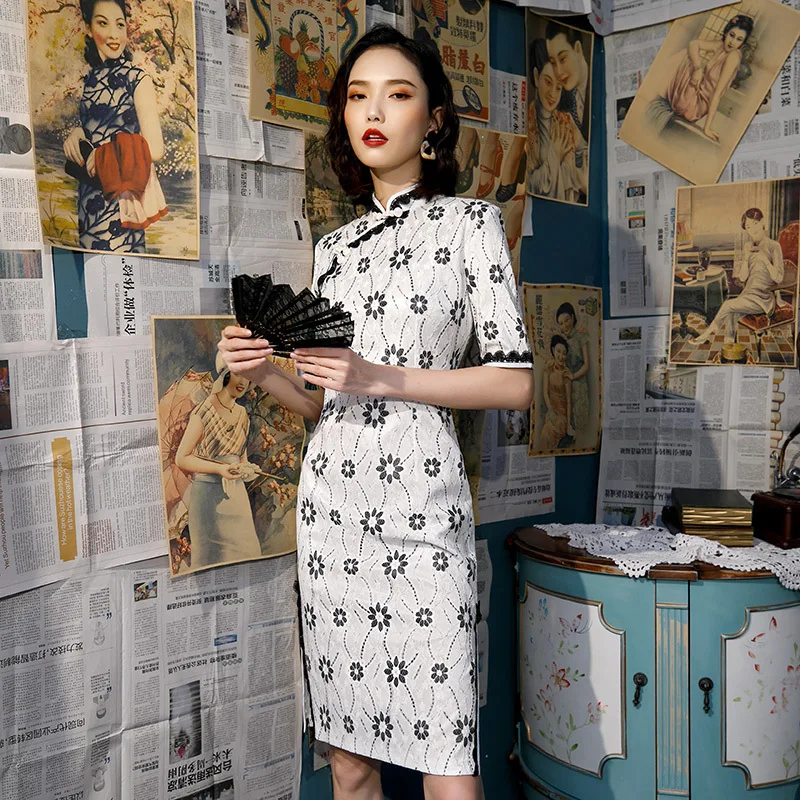 Женские кружевные платья Qipao длиной до колена белая женская традиционная китайская Улучшенная одежда Кружева Цветы Паттеры Qipao молодых девушек