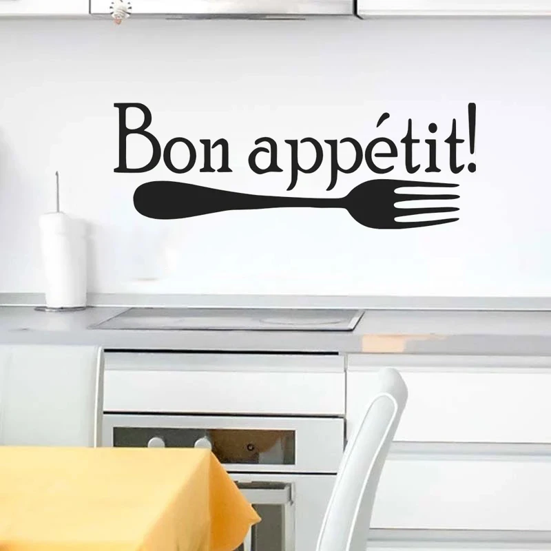 

Creative French Bon Appetit Quotes Wall Stickers Fork Pattern Restaurant Removable Vinyl Home Decor Kitchen Murals Decals HJ0508