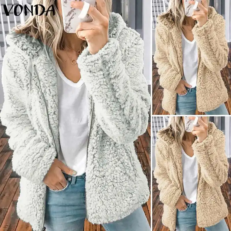 VONDA/женские пальто из искусственного меха, куртки, Осень-зима, пальто с капюшоном,, на молнии, с длинным рукавом, утепленный флисовый кардиган, пальто, большие размеры