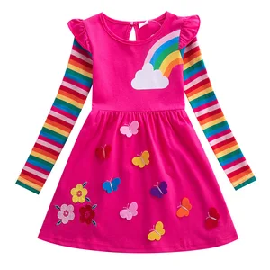 Spring And Autumn Girls Cartoon Long-Sleeved Dress With Rainbow Sleeves + Butterfly Embroidered Red Princess Dress 3-8 Years Old