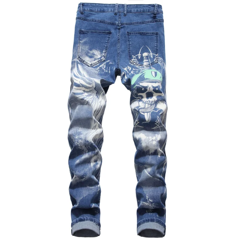 2021 New Arrival 3D Skull Print Vintage Men Slim Pencil Jeans Trousers Hip Hop Punk Gothic Denim Pants For Teens Pantaloni Uomo
