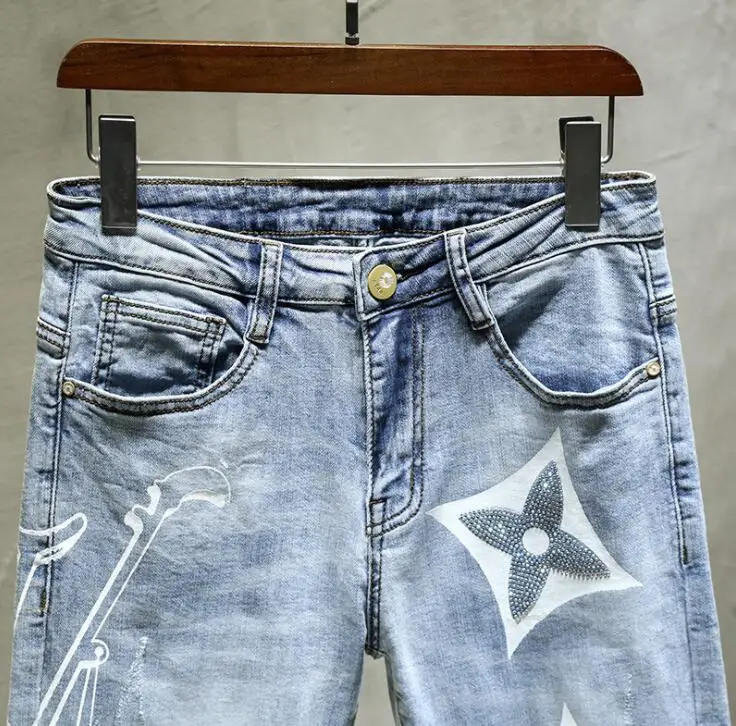 men's elastic feet jeans джинсы для мужчин original design new European and American embroidery printing slim trendy pants