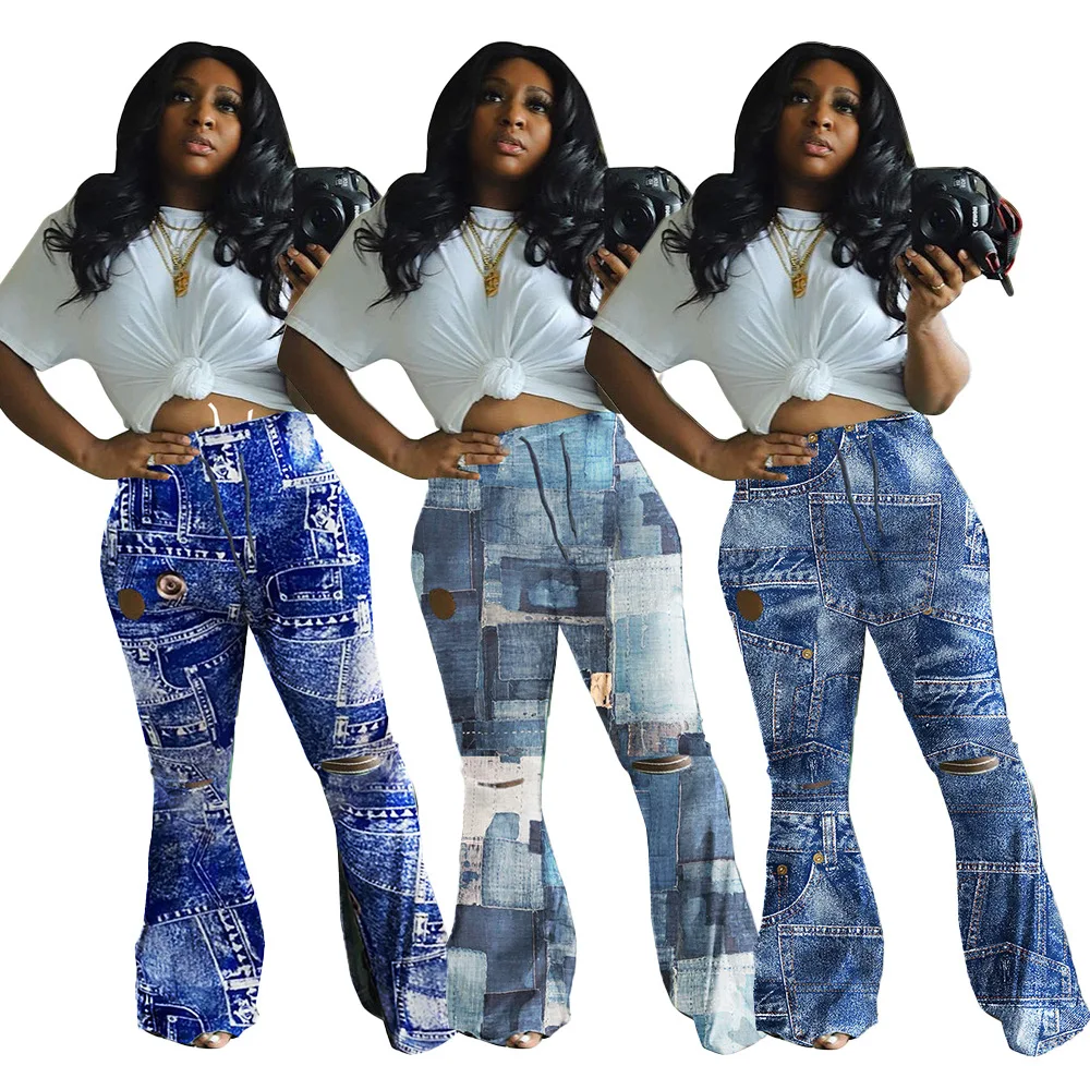 

Newest Autumn Women Casual Pants High Waist Drawstring Denim Tie-dye Printing Hollow Out Flare Pants For Nightclub Party