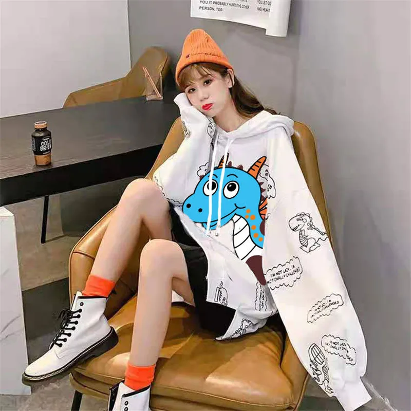 

Japanese Fleece Hoodies Cartoon Dinosaur Printed Sweatshirt Women's Clothes Sweet Hooded Drawstring Pullover Embroidery Hoodies