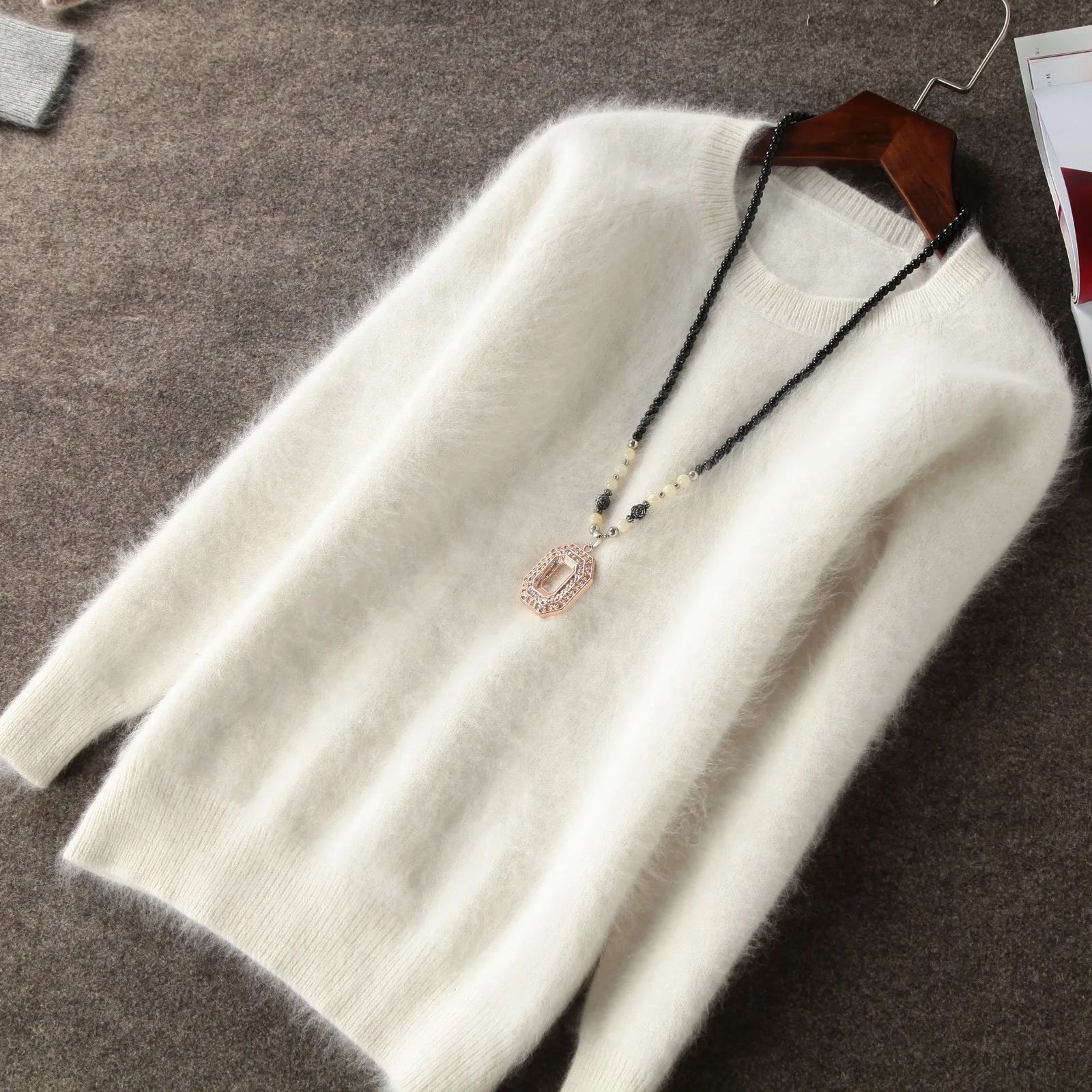 Женский кашемировый свитер с длинным рукавом и круглым вырезом розовая вязаная