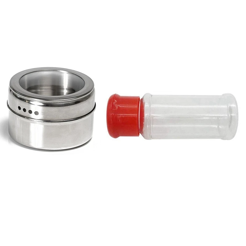 

10Pcs/Set Clear Lid Magnetic Stainless Steel Spice Jar & 50x Empty Plastic Spice Bottles 100Ml / 3.3Oz, Red