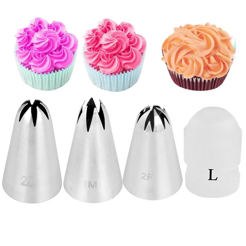 

HOT 4pcs/set Big Size Cream Cake Icing Piping Russian Nozzles Pastry Tips Stainless Steel Fondant Cake Decorating Tools 1M 2F 2D