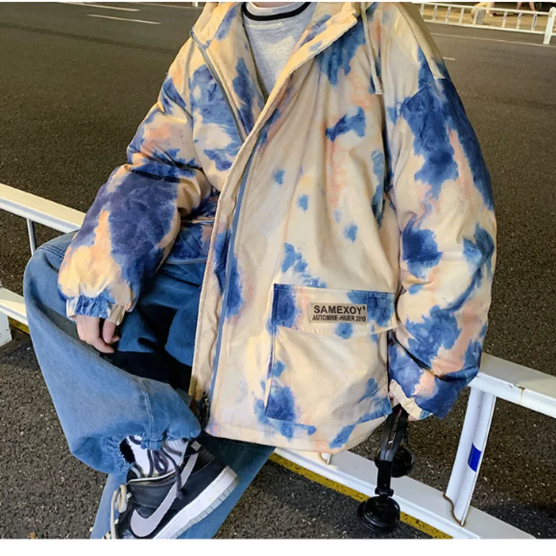 

Winter 2020 Men's New Tie Dye Printing Leisure Hooded Wool Collar Cotton Coat Thickened Windproof Clothes Plue Size M-5XL