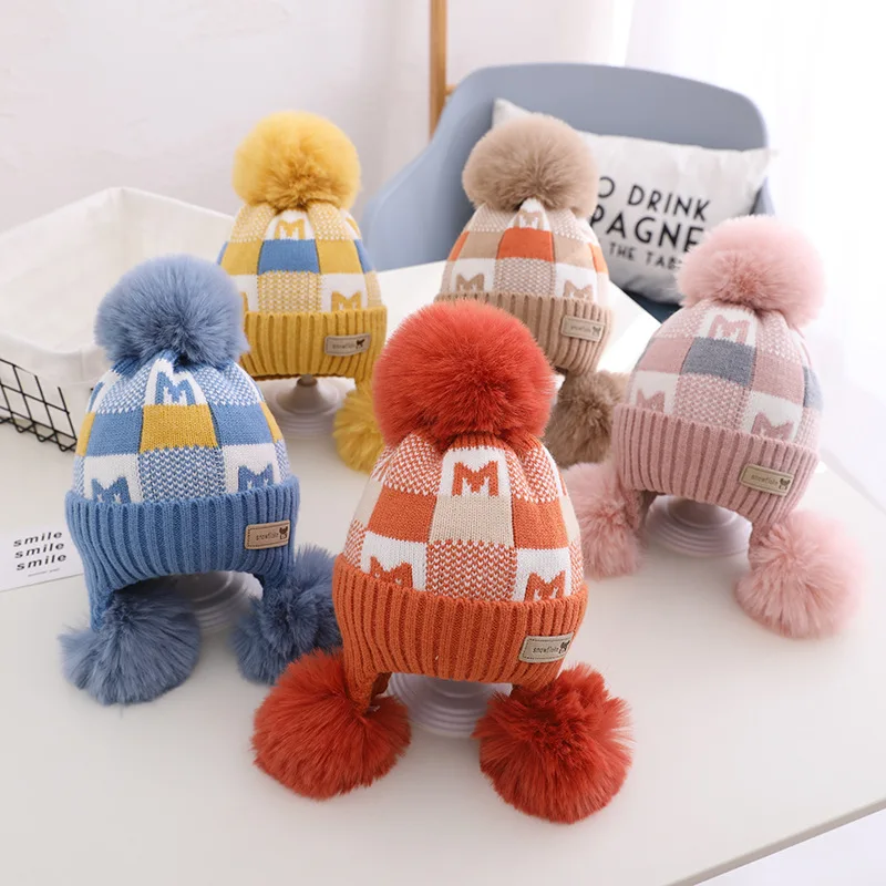

Детские шапки для девочек, вязаная шерстяная шапка с помпоном, головной убор для мальчиков, шапка на осень и зиму, теплая модная шерстяная шапка с помпоном