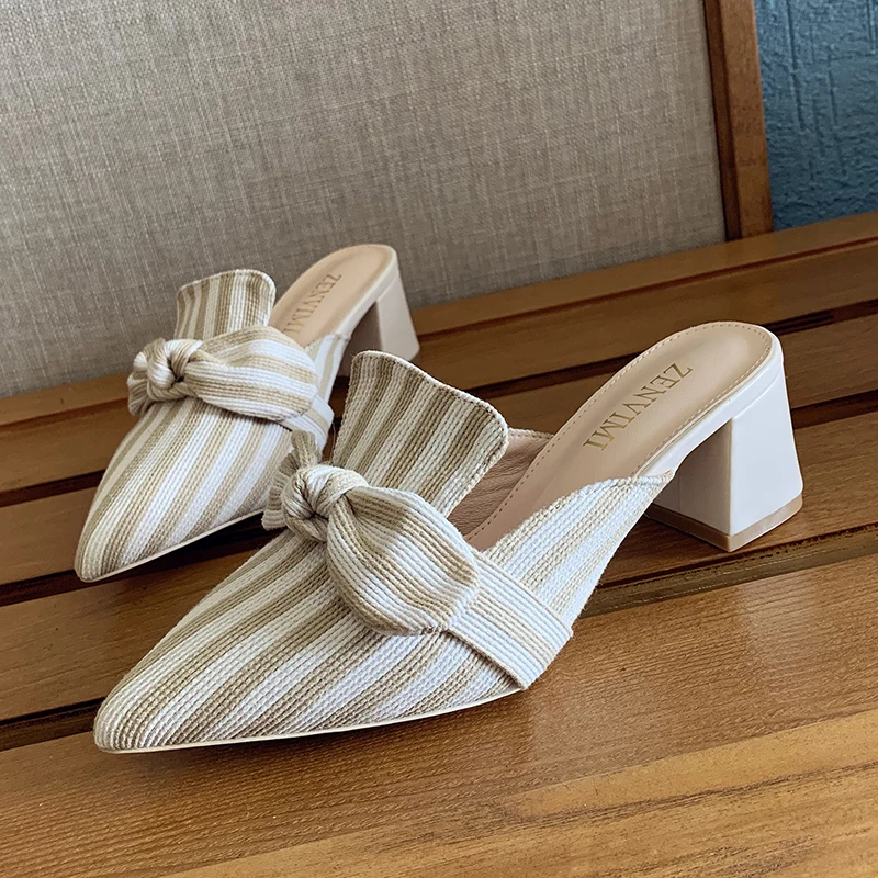 2023 Sandals Women Fashion Luxury Designers Black White Striped Butterfly Knot Pointed Slipper Slides Low Heels Woman Shoes