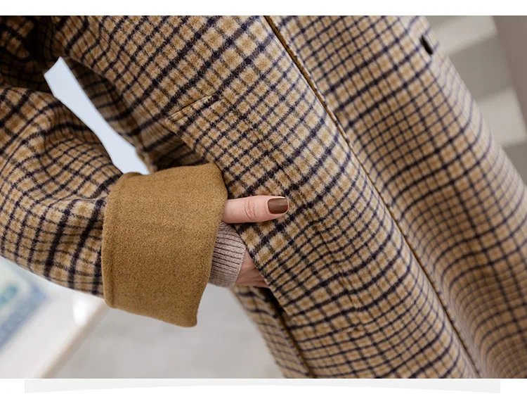 

Double Breasted Long Sleeve Plaid Woolen Coat Leisure Oversize Modern Lady Slim Woolen Coat Khaki Overcoat Woman Winter L879