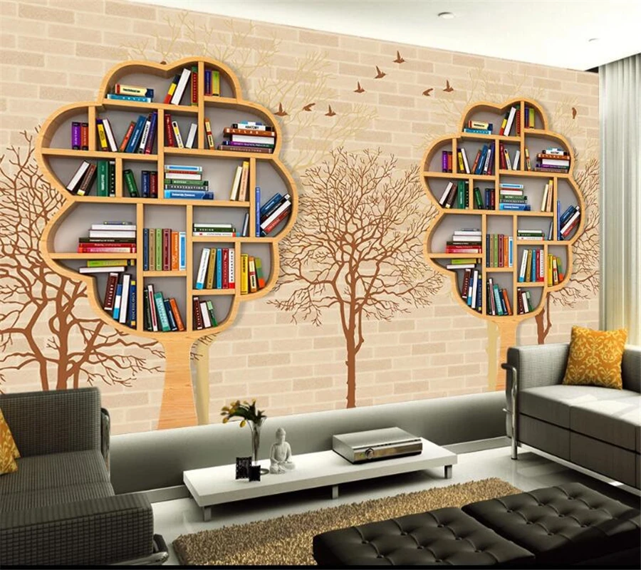 3D обои на заказ ностальгическая кирпичная стена дерево книжная полка птицы