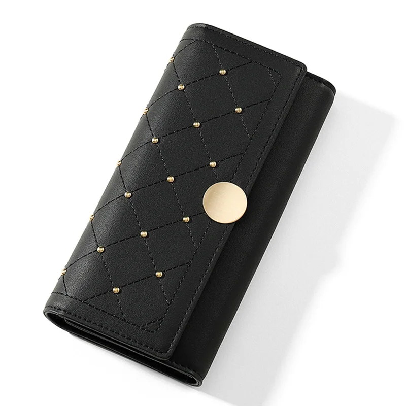 Designer Rivet Button Trifold Long Wallet Women Big Capacity Female Wallets Thread Female Ladies