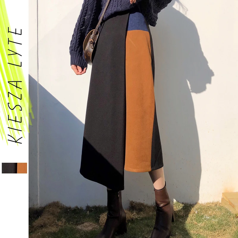 Женская Асимметричная юбка Лоскутная с высокой талией на осень и зиму 2019|Женские