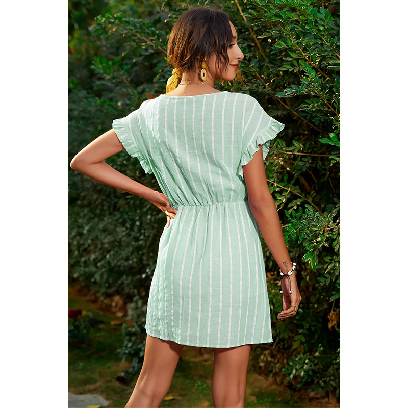 

Stripe Dress Women Round Neck Ruffles Summer High Waist Casual Mini Dress Short Sleeve Dress Sundress 2021 New Fashion
