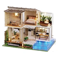 new wooden doll house kit miniature with furniture swimming pool modern loft casa diy villa dollhouse toys adults christmas gift