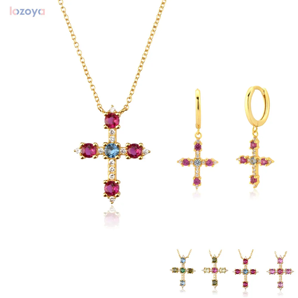 

Lozoya 925 ювелирные изделия из серебра 925 пробы Набор подарочных золотых красочных летних радужных крестов с крестом серьги-подвески ожерелье для женщин
