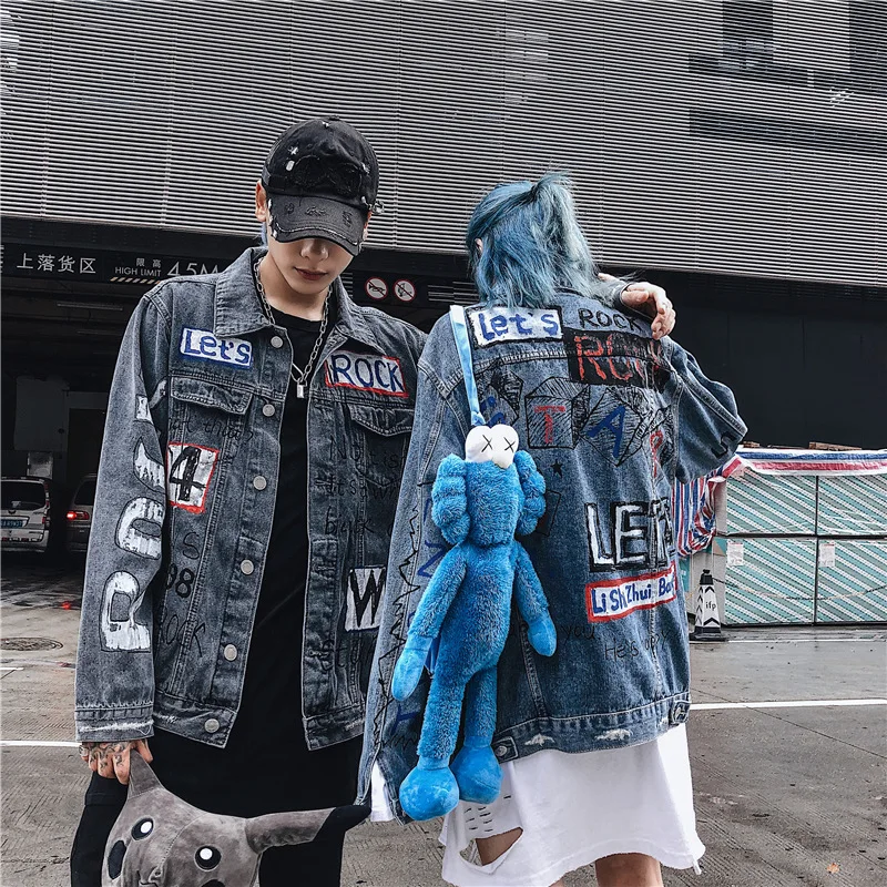 

Hip Hop Denim Jeans Jackets Coats Men Letter Letter Print Windbreaker Casual Streetwear Baseball Jacket Outwear