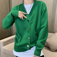 2021 vintage knitted cardigan sweater women winter casual loose long sleeve knitwear green single breasted cardigans jacket top