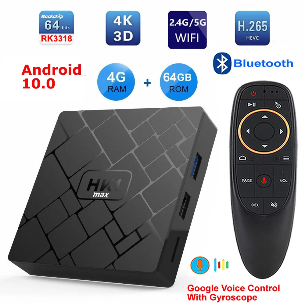 ТВ-приставка HK1 MAX приставка на Android 10 с четырехъядерным процессором RK3318 4 Гб ОЗУ 64