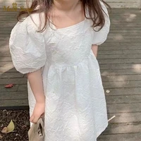 fashion girl princess dress ruffle embossing cotton summer toddler teenager kid vestido puff sleeve white wedding child clothes