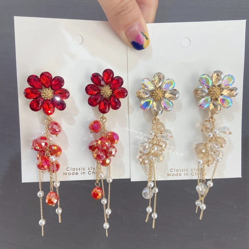 

MENGJIQIAO New Korean Fashion Crystal Flower Drop Dangle Earrings For Women Elegant Pearl Tassel Jewelry Pendientes Gifts