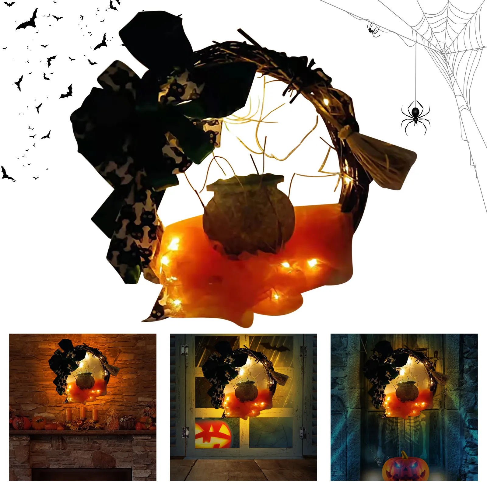 

Halloween Decoration Glowing Bow Witch Boiler Doors And Windows Home Accessories Pendant Outdoor Garden Decor Party Supplies