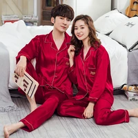 bisonjs solid color sleepwear silk satin pajamas couple set long button down suit pijama women men loungewear plus size pj set