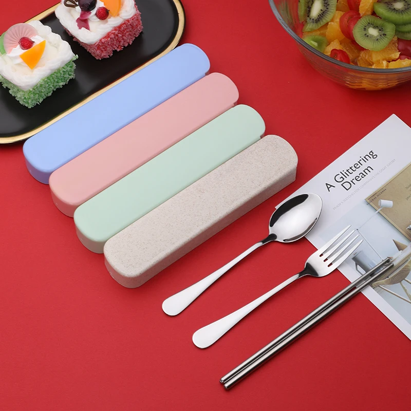 

Creative cute stainless steel portable tableware set chopsticks three-piece fork spoon box students