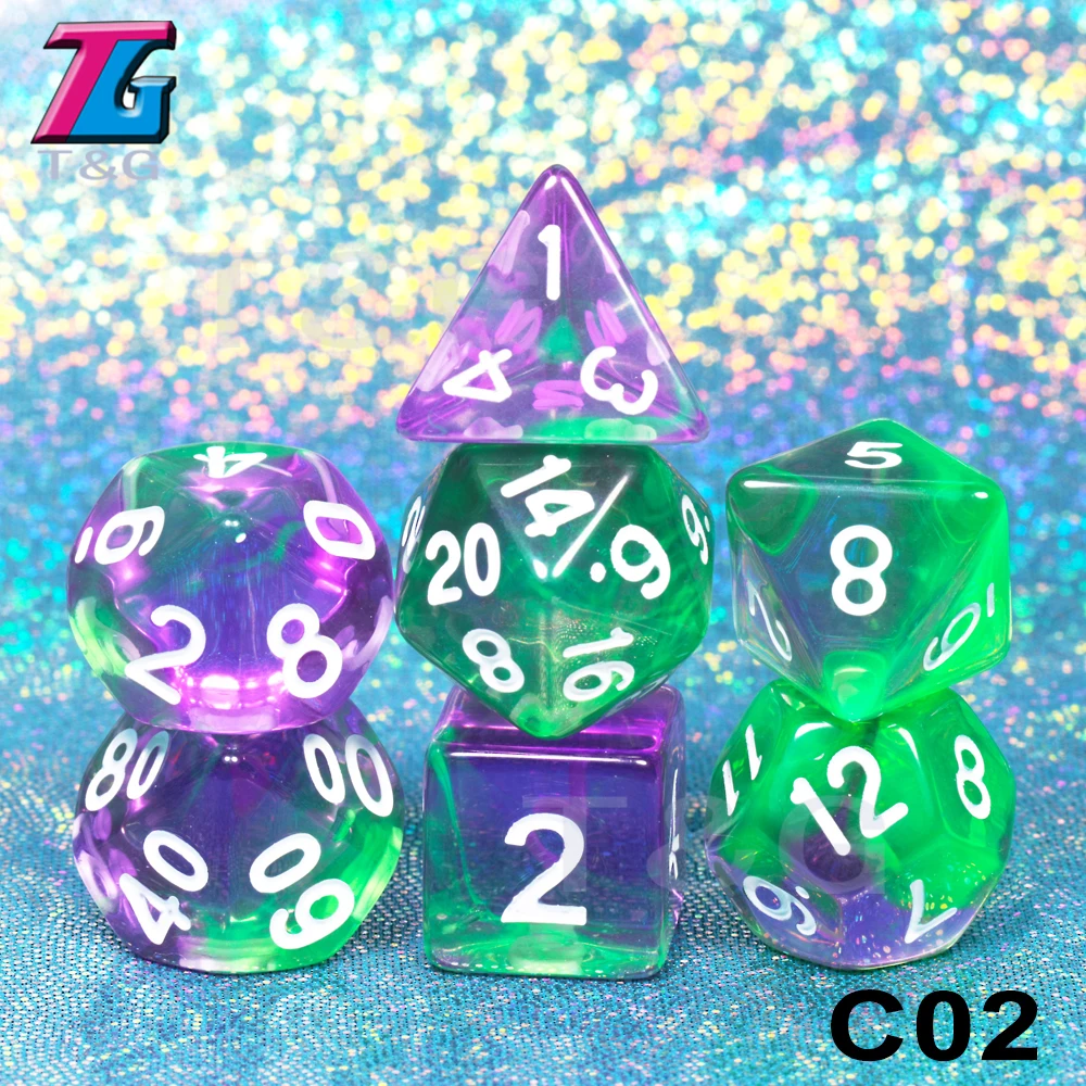 C02 7 шт./компл. многогранные TRPG игры для подземелий драконов непрозрачные D4-D20 многогранные кости Поп для настольной игры - Цвет: C02