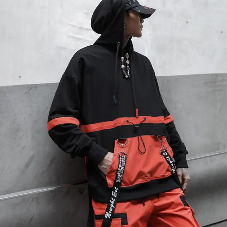 

Men spring autumn purple orange blue patchwork hip hop hoodie ribbon man vintage casual hoody punk vintage sweatshirt pullover
