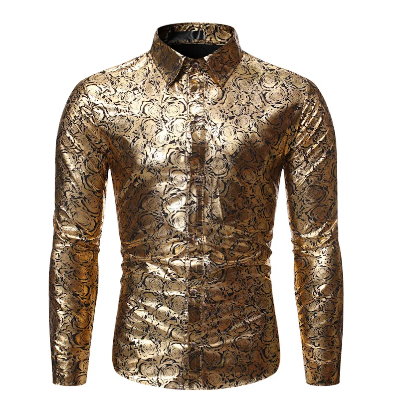 Мужская блестящая рубашка смокинг с цветочным принтом и золотым приталенная