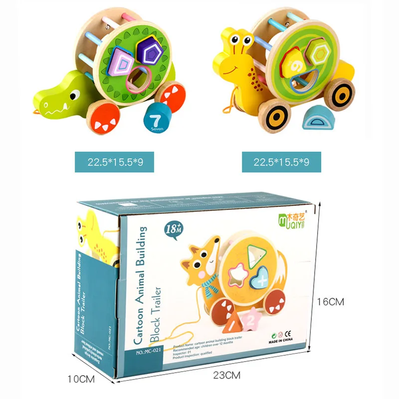 

Baby Fun Learning Cartoon Animal Trailer Wood Toy Shape Matching Cognitive Wooden Building Blocks Educational Toys for Children