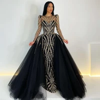 black detachable tulle ball gown prom dresses exquisite gold beading cutout evening dresses full sleeve illusion party gown