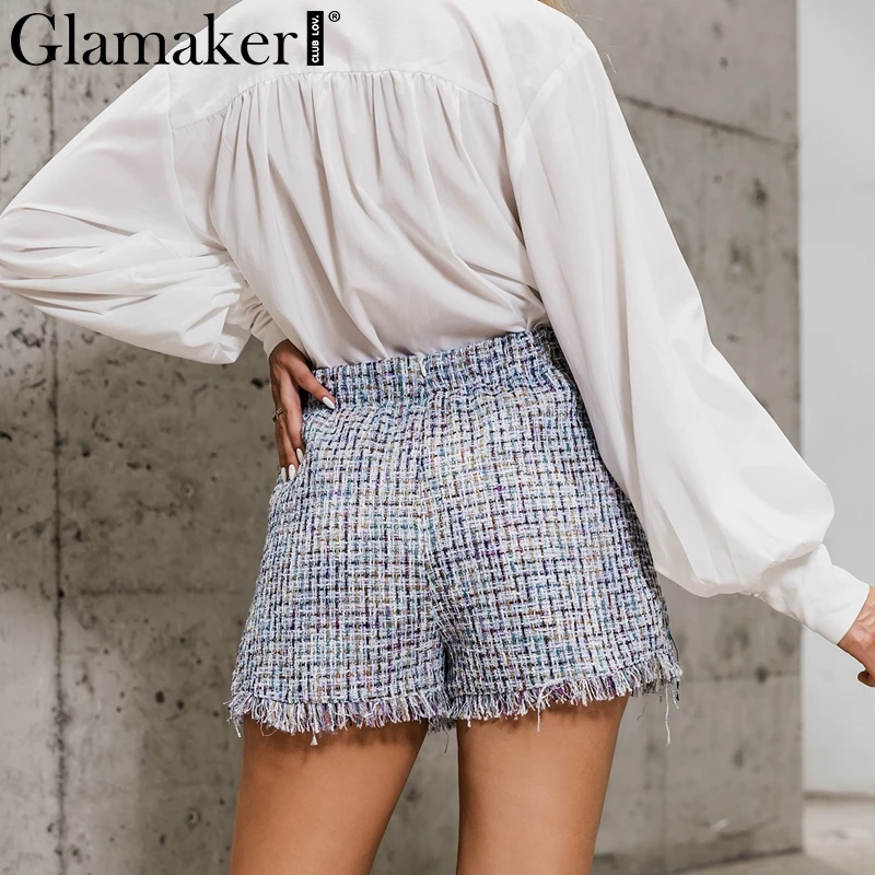 Glamaker, элегантные твидовые шорты с высокой талией, женские офисные клетчатые шорты с бахромой, винтажные сексуальные повседневные женские стильные шорты