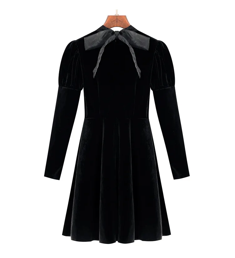 

Autumn Winter Korean Sexy Temperament Party Dress Patchwork Lace A Line Long Sleeve Velet Black Cocktail Dress Vestido