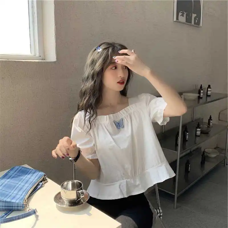 

Butterfly Square Collar Puff Sleeve Shirt for Women 2020 New Korean Style Sense of Design Niche White Shirt Short French Top