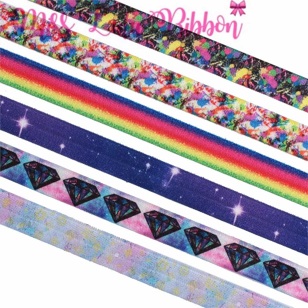 

5/8"16mm Colorful Stripes Galaxy Diamonds Printed Fold Over Elastic Ribbon Rainbow DIY Hair Bowknots Gift Packing 50yards/roll