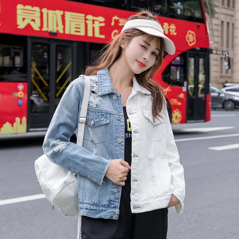 Размера плюс джинсовая куртка 2021 Весна Осенняя женская обувь синего цвета-белый