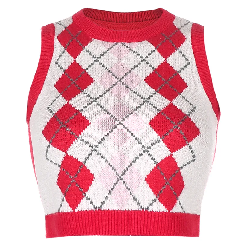 

Autumn 2020 New European and American women's wear solid plaid stacked outer sweater sleeveless V collar knitted vest