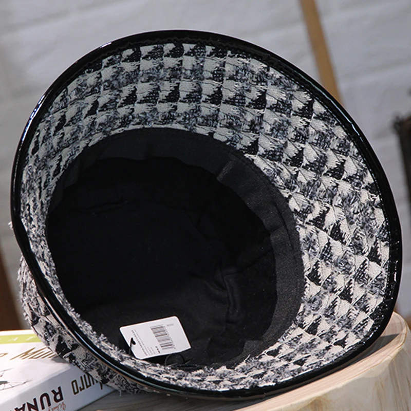 Designer Brand Women Tweed Fisherman Hat Autumn Plaid PU Leather Edging Bucket Hat Black Winter Houndstooth Ladies Basin Cap