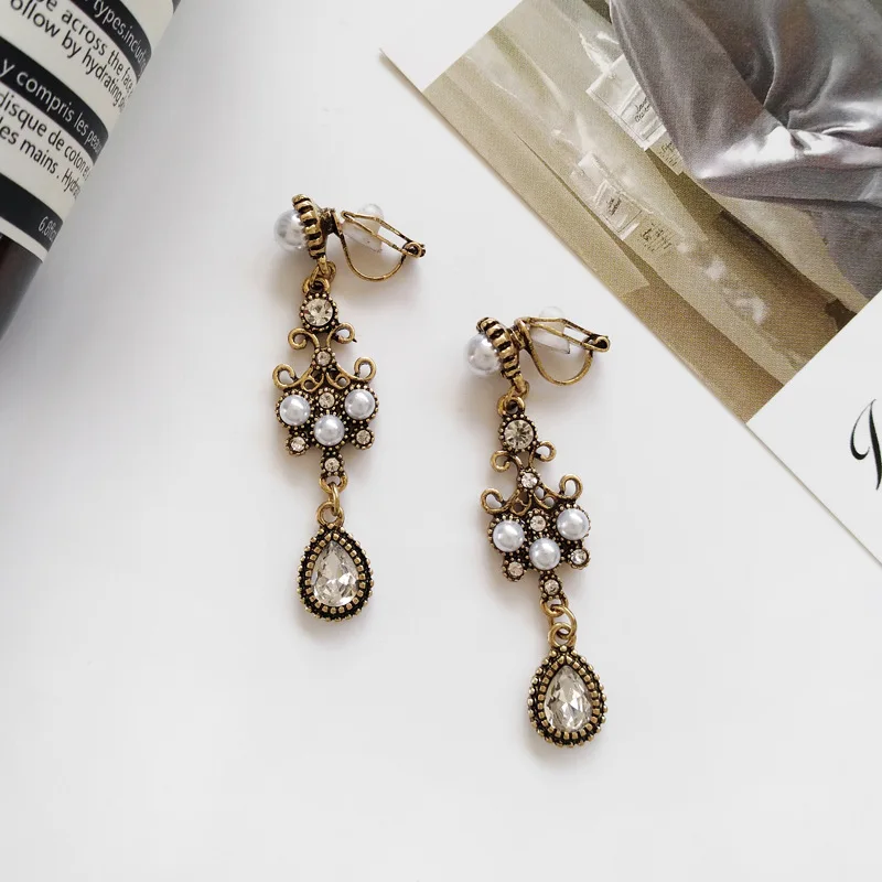 Женские винтажные серьги клипсы длинные гвоздики с кристаллами стразы ювелирные