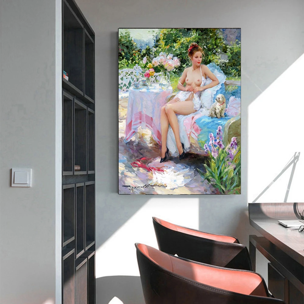 Цитон Холст Картина маслом Константин Razumov Fashionable Модная Леди и ее щенок Poster