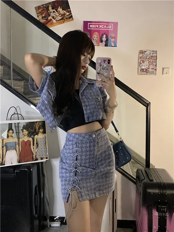 

Retro blue two-piece female short top high slit short skirt sexy suit