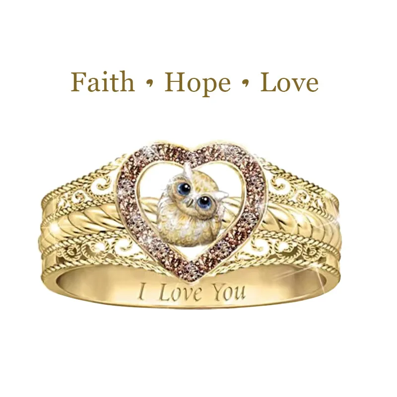 

New I Love You Owl Ring Creative Hollow Embossed Diamond Love Rings for Men and Women Modern Fashion Jewelry